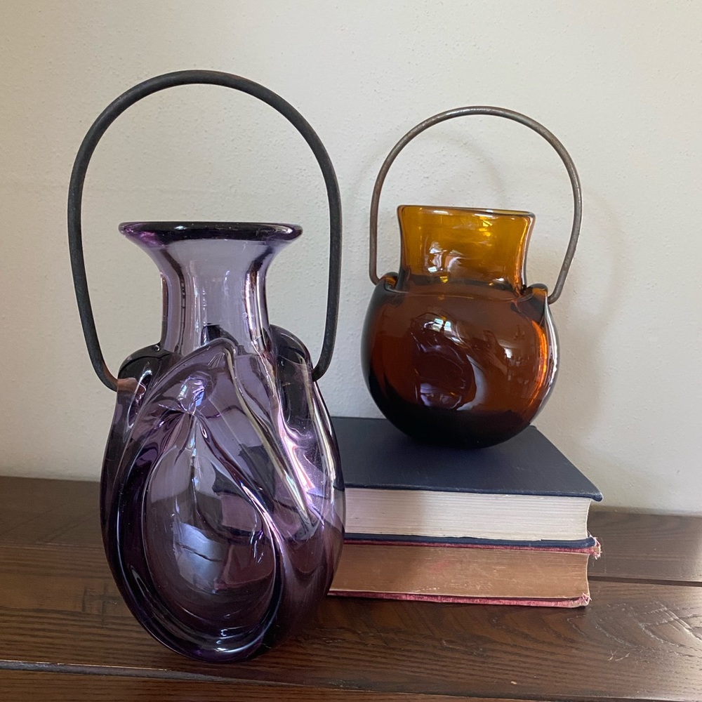 Chet Cole amethyst and amber glass hanging vases